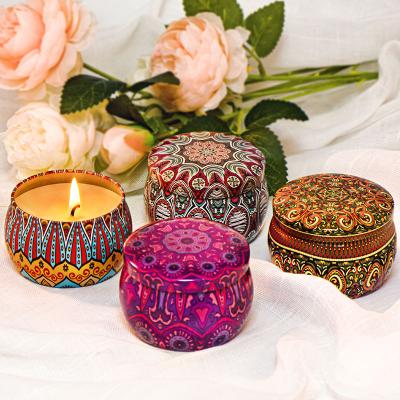 China Romantic Round Shape Natural Cheap Scent Soy Wax Sparkle Luxury Candle Tin 4.4 Oz Gifts Set For Wedding for sale