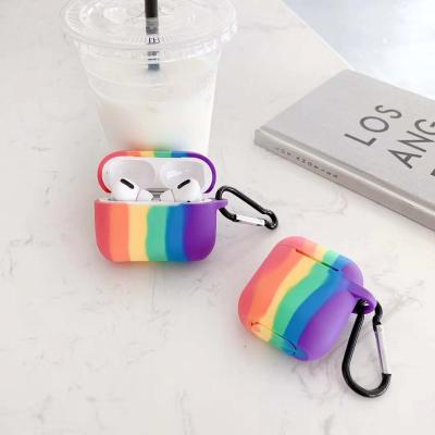 China Small Cute Portable Waterproof Colorful Rainbow Silicone Earphone Case With Carabiner For AirPods 1 2 3 for sale