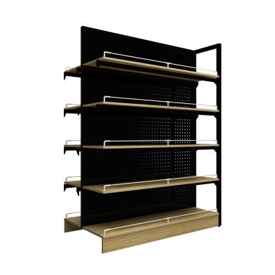 China Double Sided Wooden Grocery Display Racks Shop Supermarket Shelf Pharmacy Shelf Display for sale