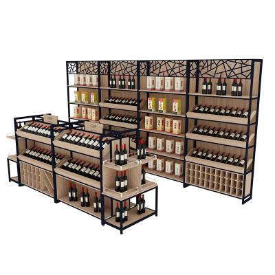 China Metal Food and Wine Shelves Grocery Shelves Design Double-Sided Double-Sided Wine Display Cabinet for sale