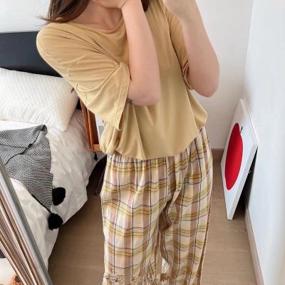 China Korean Women's Summer QUICK-DRY Pajamas Plaid Pants Simple Short Sleeve Ankle-tied Homewear Tracksuit for sale