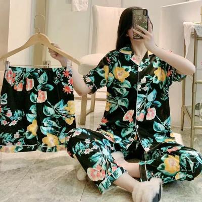 China Three-piece flowers and plants foreign trade cartoon plant QUICK DRY pajamas pajamas printed cardigan lapel button home wear sleepwear for sale