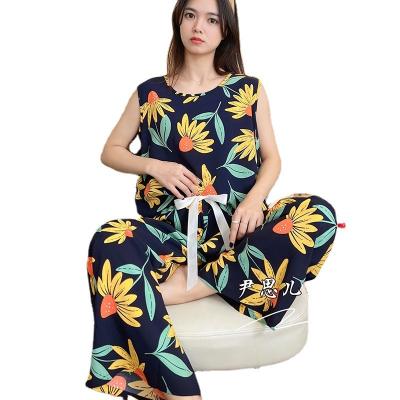 China Rayon Round Neck Thermal Vest Pants Summer Wide Leg Women's Slim Cool Cotton Homewear Silk Tracksuit Plus Size Two Pieces for sale