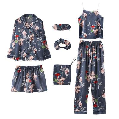 China Breathable Women's 7-Piece Pajamas Women Sets Camisole Shorts With Shirt And Eye Mask Sleepwear Set for sale