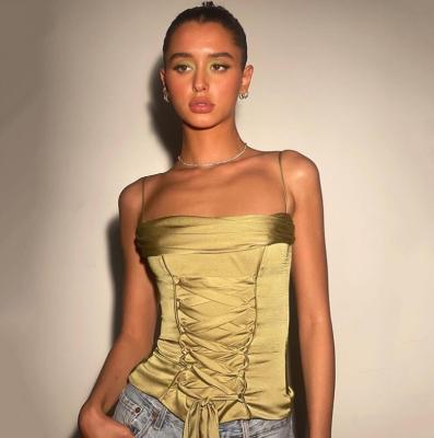 China QUICK DRY NEW ARRIVALS STOCK Green Slim Fit Halter Back Zipper Up Corset Casual Front Lace Up Cropped Tank Tops for sale