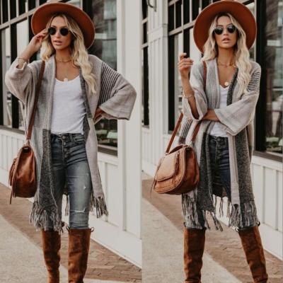 China Anti-wrinkle 2023 STOCK Fringed Cardigans Coat Block Tassel Chunky Knit Lady Design Cardigan Sweater for sale