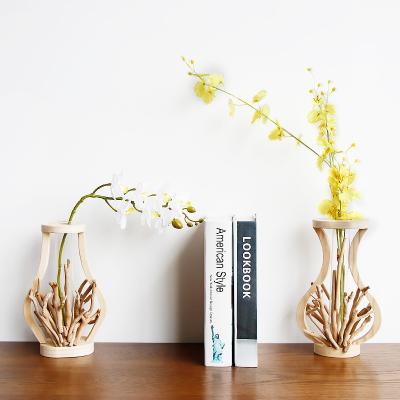 China Small Round Plant Modern Antique Rustic Eco-Friendly Retro Size Plant Test Glas Stand Flower Pot Solid Natural Wood Vase For Decoration for sale