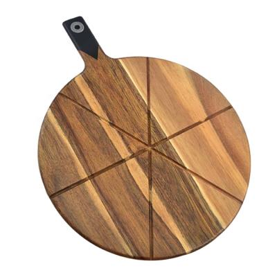 China New Design 13.5 Inch Acacia Wood The Log Pizza Cutting Board With 6 Flutes Serving Tray For Home And Restaurant for sale