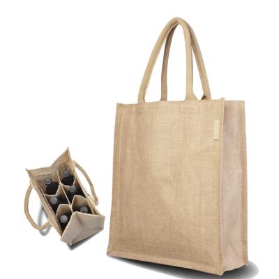 China 6 Bottles Recycled Burlap Wine Bag Durable Packaging Jute Tote Wine Protector for sale