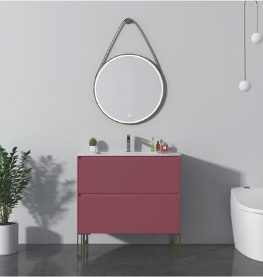 China Modern Red Paint Leg Metal Fashion Panel Bathroom Cabinet Vanity Wooden Floor Standing Bathroom Vanity Modern Belt LED Round Mirrors for sale