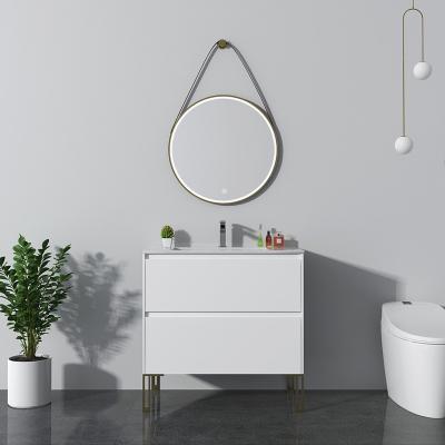 China Fashion Modern Vanity Factory Panel Bathroom Cabinet Wood Floor Standing Modern Bathroom Vanity With Metal Leg And LED Sash Mirrors for sale