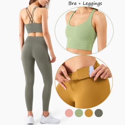 China Best Selling Breathable Yoga Set Women Cross Strap Back Yoga Bra Collocation With Inner Pockets Gaiters Set for sale