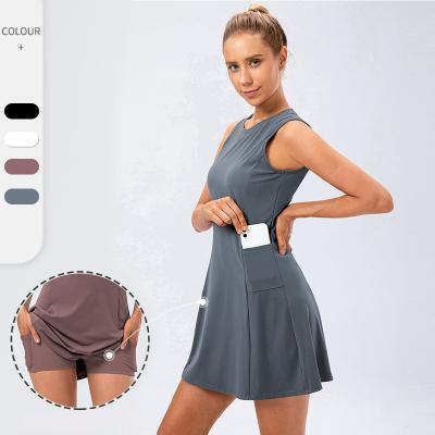 China 2022 ladies summer sexy casual bodycon dress pocket side design 2 in 1 with shorts tennis skirt for women 12132+12428 for sale