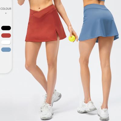 China 75%/25% Nylon Spandex Cross Waist Design Hem Sports Sleek Skirt 2 in 1 Split Skirt Design Tennis Skirt with Side Pocket for sale