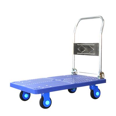 China Industrial Pull 300kg Blue Plastic Material Flatbed Cargo Turnover Picking Trolley for sale