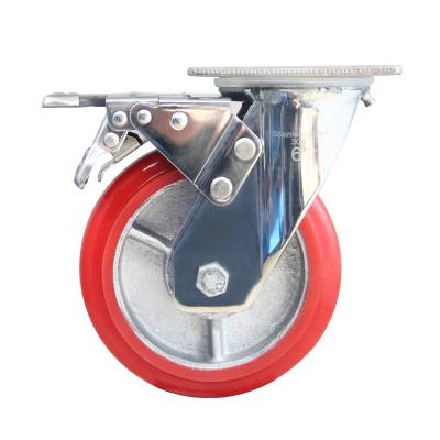 China Rigid Casters 304 Stainless Steel Iron Bracket Iron Core Heavy Duty Korean Polyurethane Red Core Polyurethane for sale