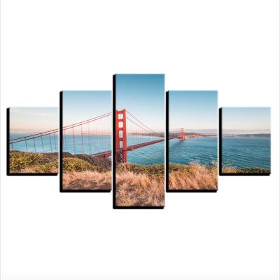 China Home Wall Art Painting Digital Canvas Print Gallery Wrap 5 Pcs Golden Gate Bridge Modern Decoration Picture for sale