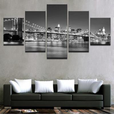 China Gallery Wrap 5 Pcs Modern Nightscape Brooklyn Bridge Decoration Wall Art Digital Print On Canvas for sale