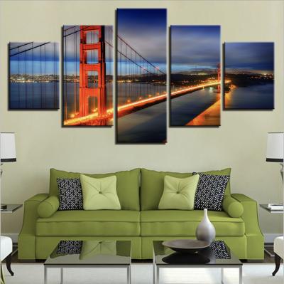 China Modern Modern Gallery Wrap 5 Pcs Sunset Golden Gate Bridge Digital Canvas Print Picture With Waterproof for sale