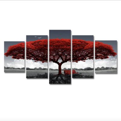 China Modern Multi-Panel Modern Natural Red Tree Painting On Canvas Landscape Wall Art Print Picture for sale