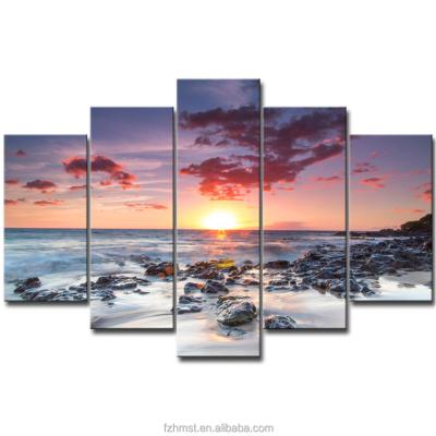 China Modern Modern 5 Panel Sunrise Seascape Painting Picture Artwork Canvas Print Wall Art For Home Decoration for sale