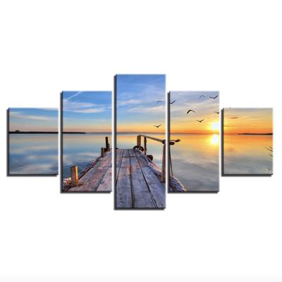 China Modern Modern Wall Art Sunrise Wooden Bridge 5 Panel Oil Painting Canvas On Sea Canvas Prints Picture Wall Art for sale