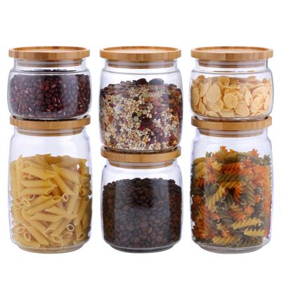 China Stackable Freshness Preservation 6 Pcs Food Storage Borosilicate Glass Jar With Lid Bamboo Glass Food Jar Set With Lid for sale