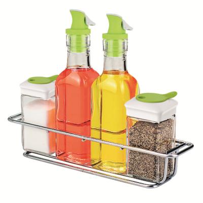 China EasyLife CLASSIC Kitchen Glass Salad Dressing Set With Metal Holder And Airtight Spout Oil Glass Bottle And Spice Jar 150ml for sale