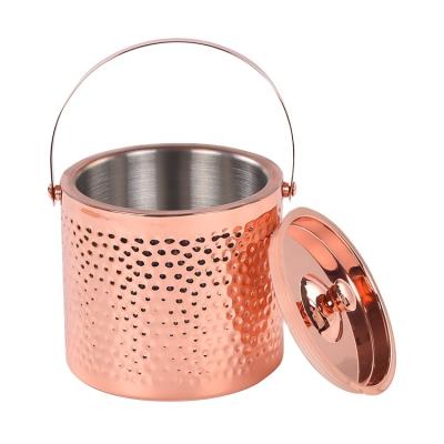 China EFINE viable 2.3L hammered double wall stainless steel-copper ice bucket with lid for club beer wine cooler for sale