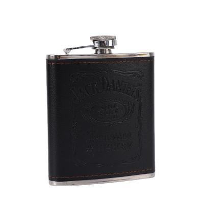 China Black Novelty Stainless Steel Whiskey 7oz Hip Flasks For Liquor With Leather Wrapped Logo for sale