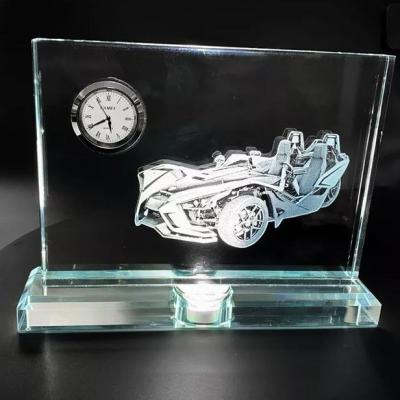 China Europe hot sale k9 crystal clock trophy custom engraved logo 3d crystal clock with LED base for sale