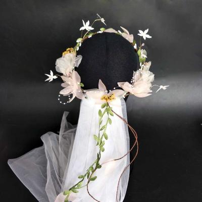 China Cut Edge FC388 Hera Kids Floral Crown Veil Girls Headband Veil Wedding Party Festival Flower Crown Veil for sale