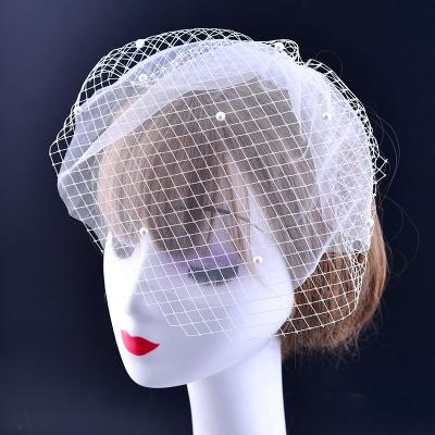 China Cut Edge Wedding Face Veils With Comb Short Bridal Net Headband Party Pearl Lace Flower Bridal Veils for sale