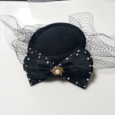 China HM252 New Arrival Fashion Satin Bow Knot Fascinator Net Veil Party Hat Inlaid Felt Picture Hair Jewelry Accessories for sale