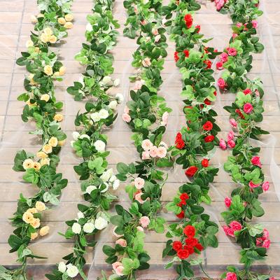 China Wholesale Home Party Rattan Art Decoration Silk Leaves Rose Flowers Wedding Artificial Flower Vine for sale