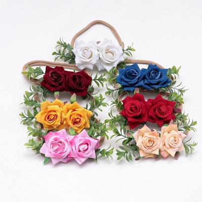 China Hair Decoration Baby Flower Headbands Elastic Fleece Rose Flower Hair Ties Newborn Baby Floral Nylon Headbands for sale