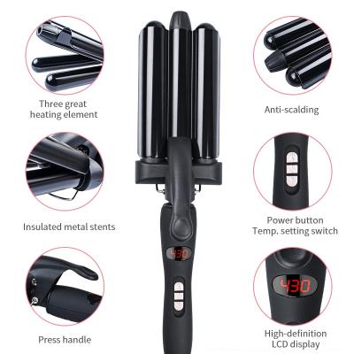 China hot sale 3 barrel curling iron hair curler beach wave three barrel curler hair mermaid 3 barrel wave curling for sale