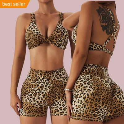 China Breathable Sexy Sports Bra Leopard Pattern High Waist Butt Lift Shorts Gaiters 2 Pcs Gym Fitness Set Workout Wear Yoga Clothes For Women for sale