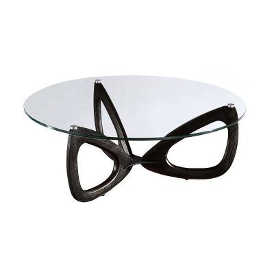 China Modern glass wooden coffee table, tempered glass top wooden leg special round coffee table for sale