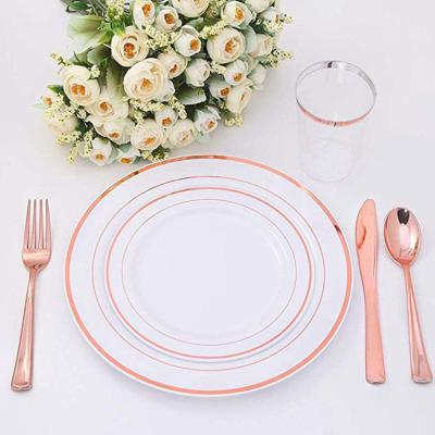 China 300 Modern Plastic Set, Rose Gold Plates and Silverware Flatware Set, Rose Gold Plastic Utensils for sale