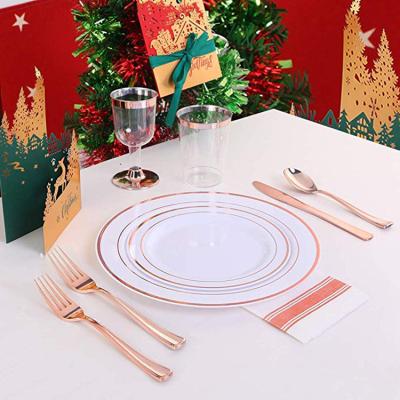 China 150 Pcs Rose Gold Dinnerware Set Elegant Modern Plastic Dinner Dishes, Disposable Silverware Dinnerware Cutlery Set for sale