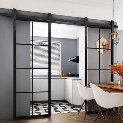 China JIUYIXING Waterproof Interior Black Aluminum Track Steel Frame Double Glass Sliding Barn Doors For Living Room for sale