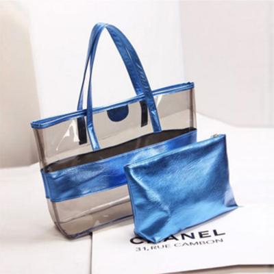 China PVC Lightweight Transparent Clear Tote Bag With Small Cosmetic Bag Inside Transparent Lady Beach Handbag for sale