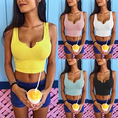 China V Neck Sleeveless Cami Top Rib Color Black White Tank Top Soild Anti-pilling Rib Crop Tops Wholesale For Women Ladies for sale