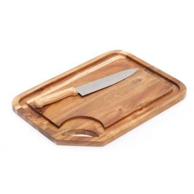 China Customized Sustainable Logo Easy Cleaned Special Acacia Wood Cut BBQ Grill Board With Knife Set for sale