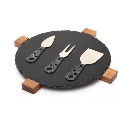 China Sustainable Wholesale Slate Black Cheese Cutting Serving Board With Wooden Acacia for sale