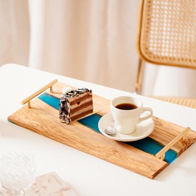 China New Design Custom Made Viable Olive Wood and Resin Serving Tray with Metal Handles for Hotel Restaurant for sale