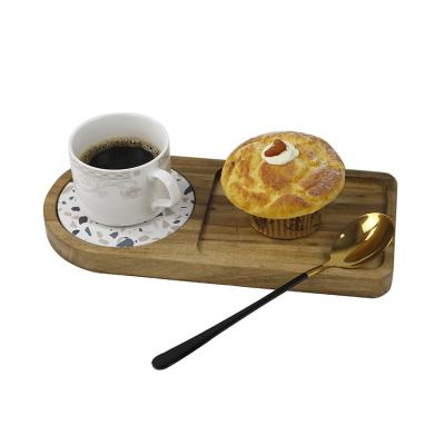 China Small Viable Hot Selling Rectangle Acacia Wooden Food Dessert Coffee Breakfast Serving Tray With Diatomite Coaster for sale