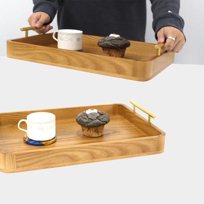 China Eco-Friendly Custom Ash Wooden Serving Tray with Metal Handles for Breakfast Cafe Food Cake for sale