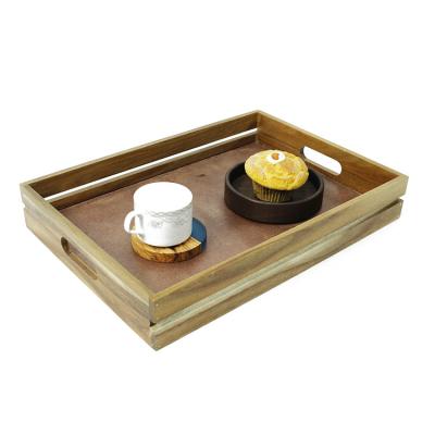 China Hot Selling Eco-friendly Natural Acacia Wood Serving Tray for Breakfast Cake Snack Coffee Tea Drink for sale